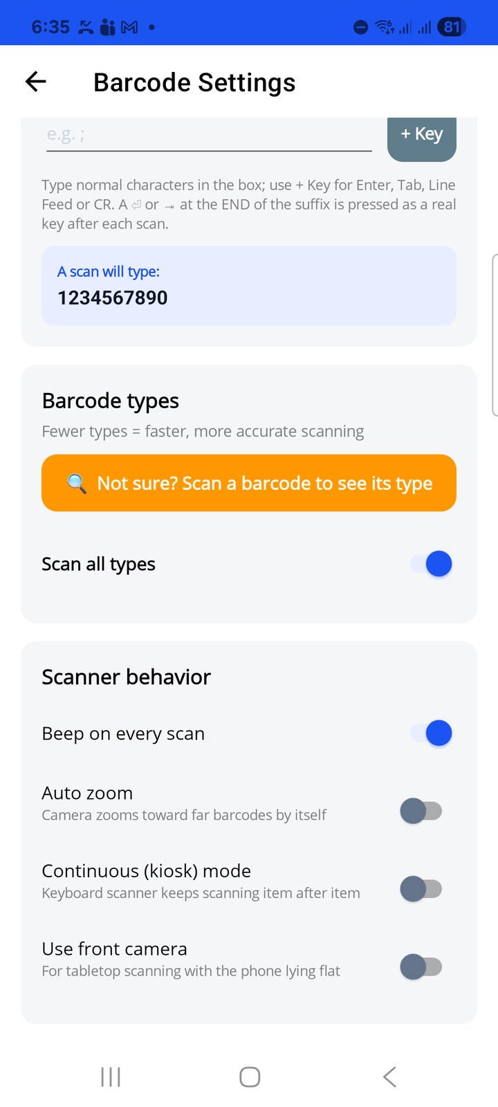 Barcode types and scanner behavior