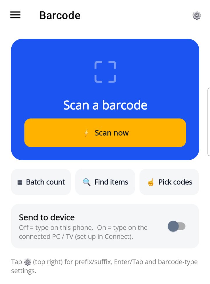 Barcode page: Scan now, Batch count, Find items, Pick codes