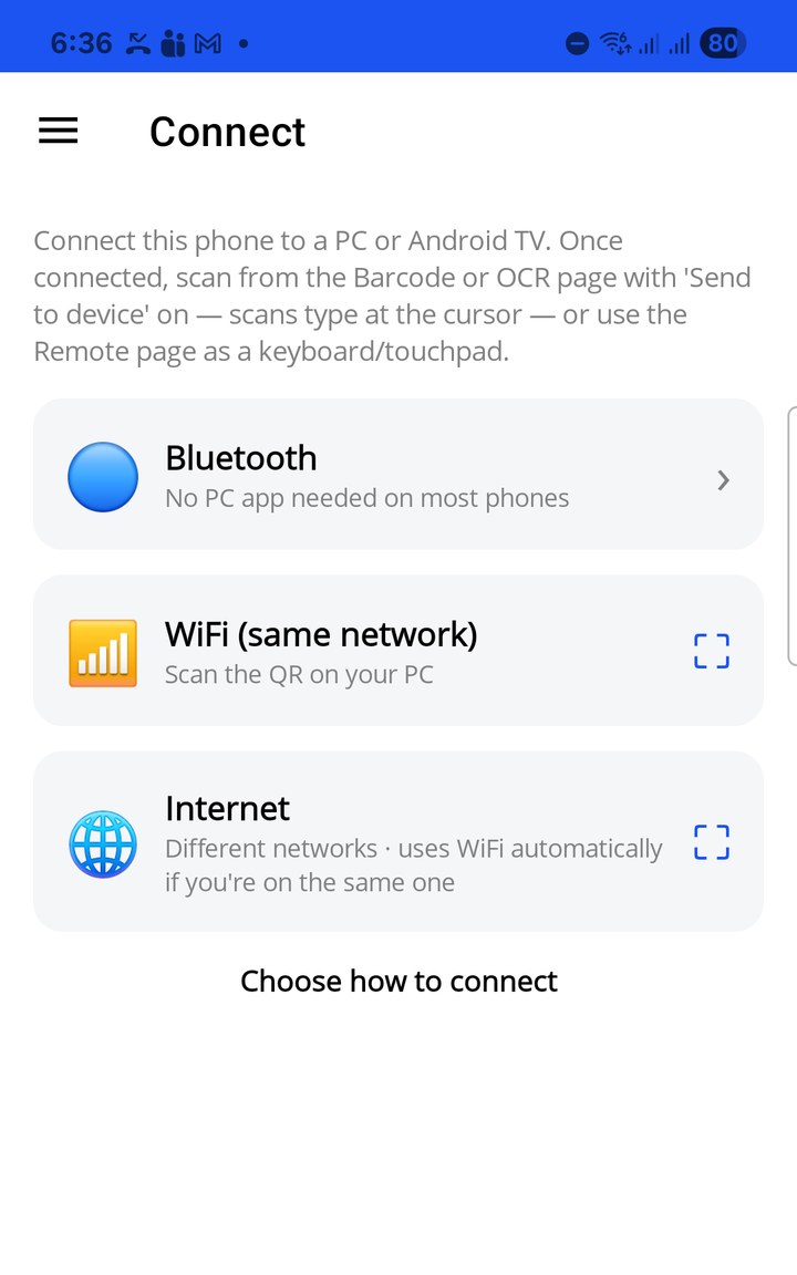 Connect page: Bluetooth, WiFi, Internet