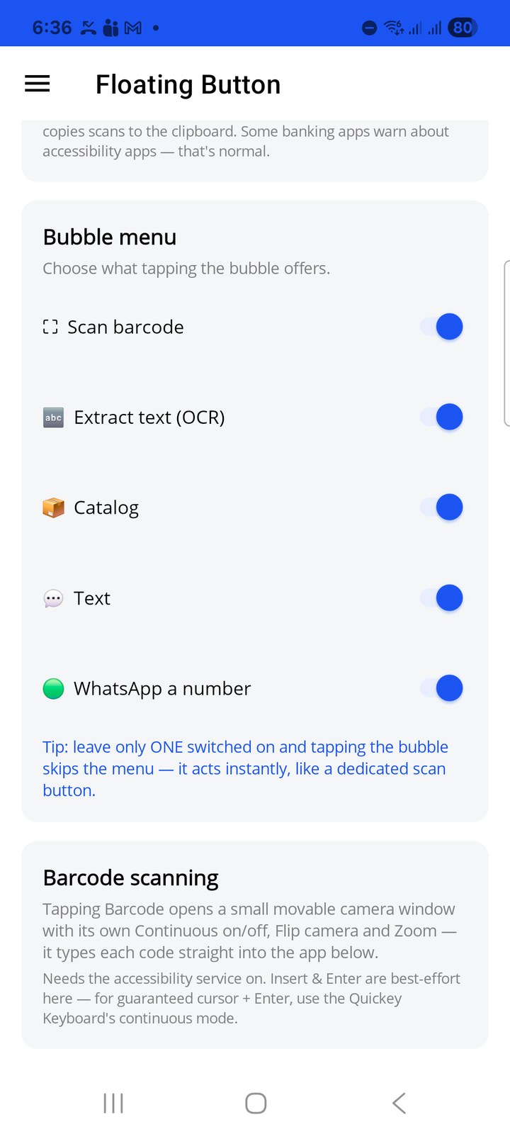 Bubble menu switches and barcode scanning note