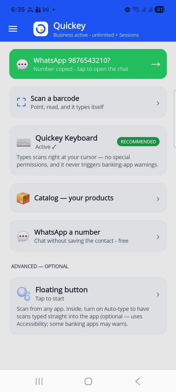 Home after setup: keyboard active, quick tiles below