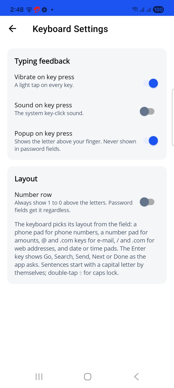 Keyboard settings in the app