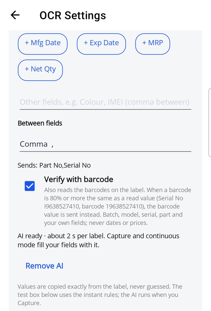 Between fields set to Comma, and Verify with barcode ticked