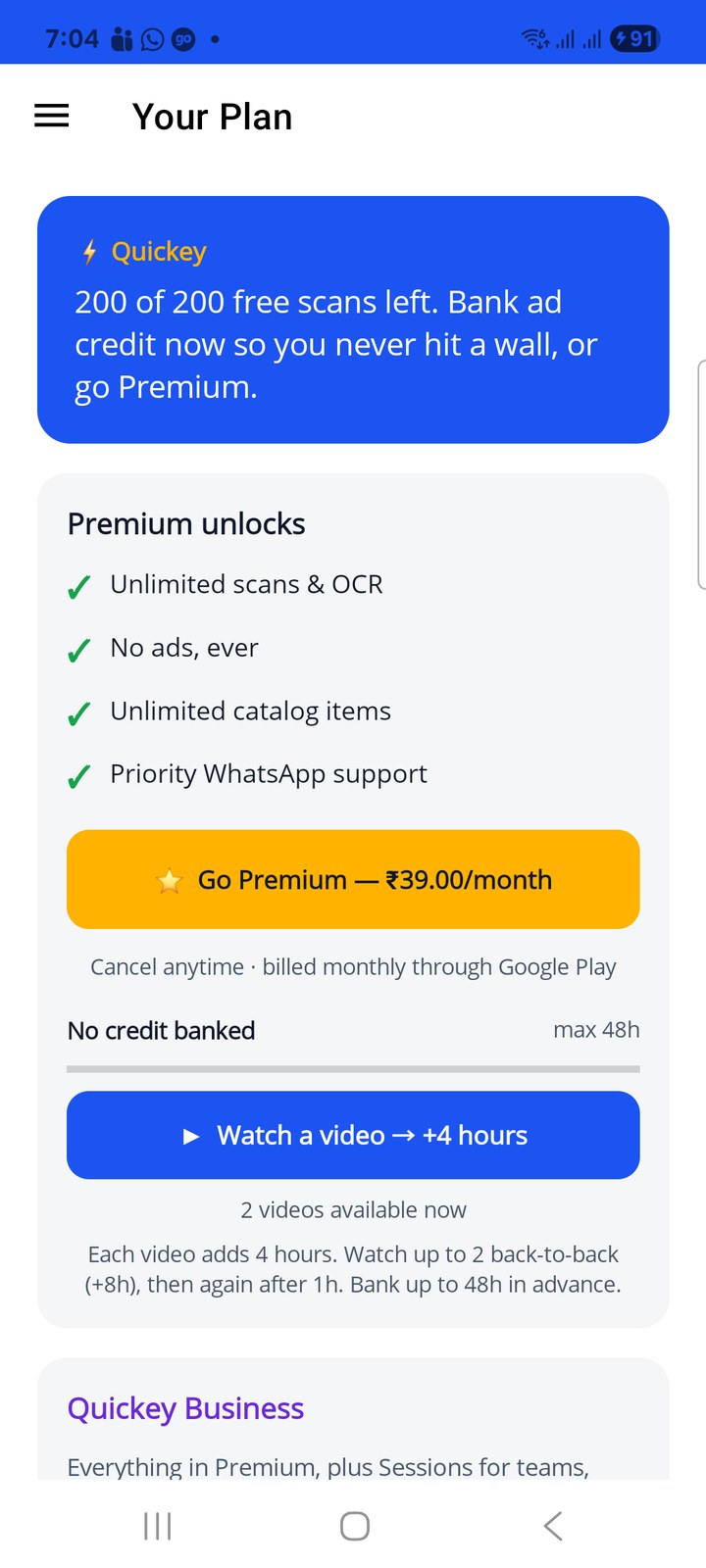 Your Plan with all 200 free scans left and no credit banked