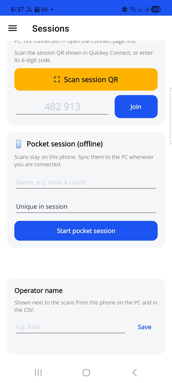 Pocket session card and operator name