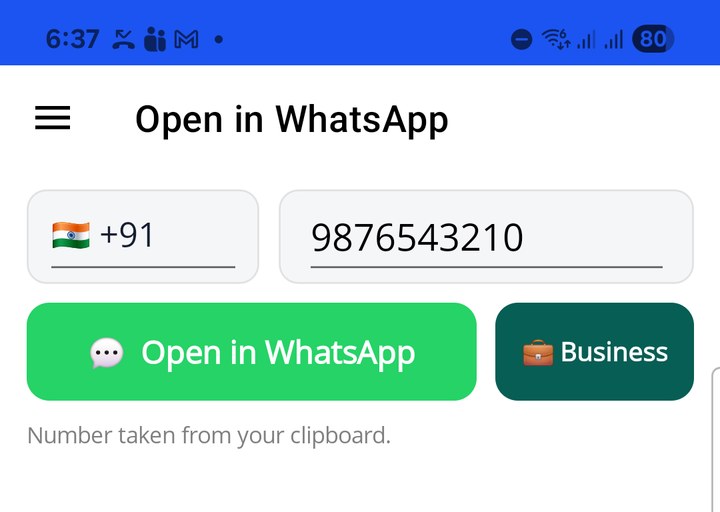 WhatsApp page with a number from the clipboard