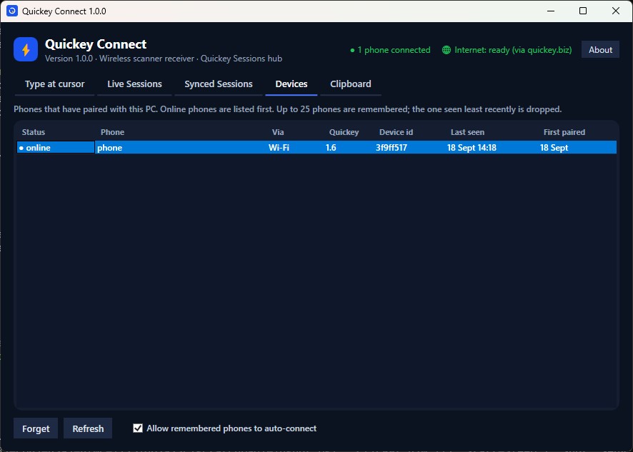 Devices tab in Quickey Connect