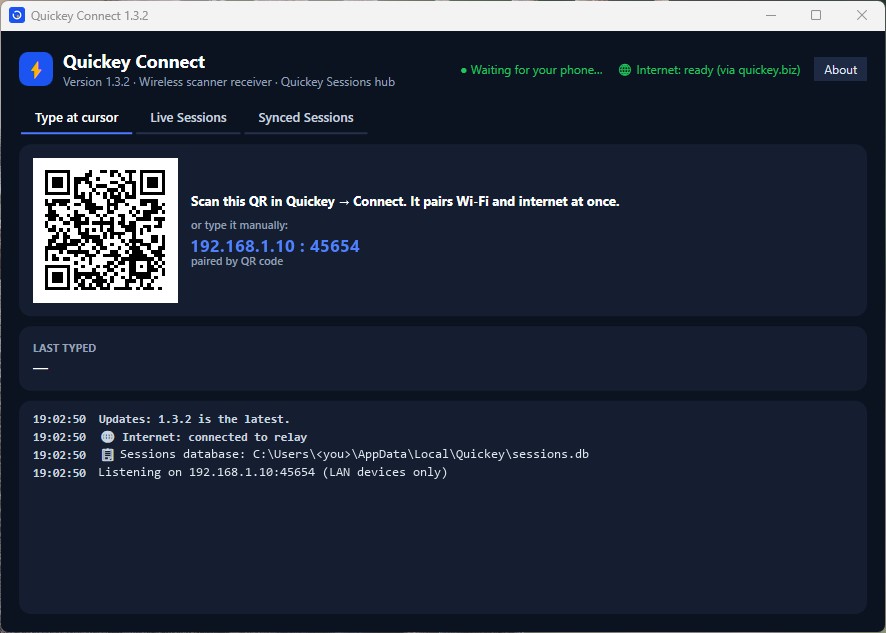 Quickey Connect: Type at cursor tab with the pairing QR