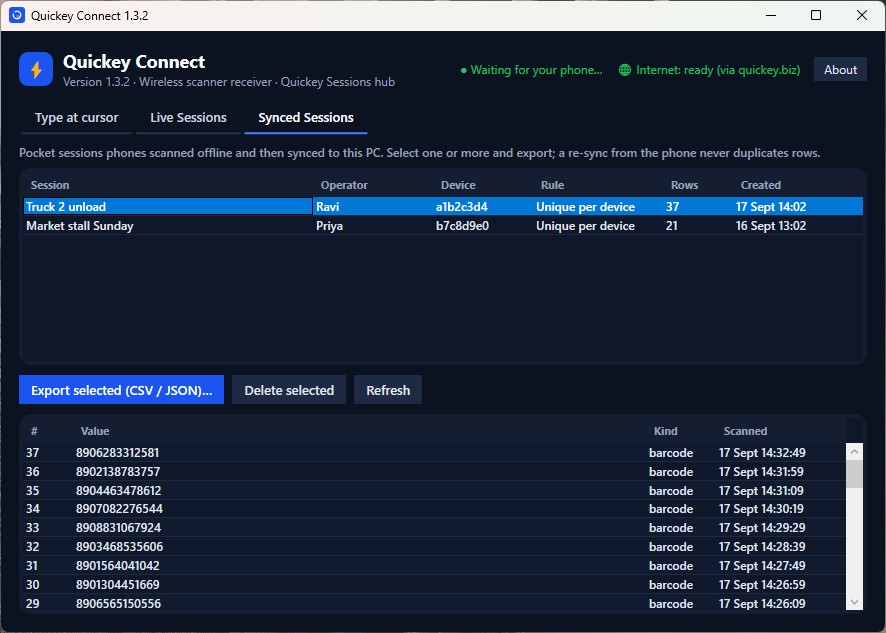 Synced Sessions tab